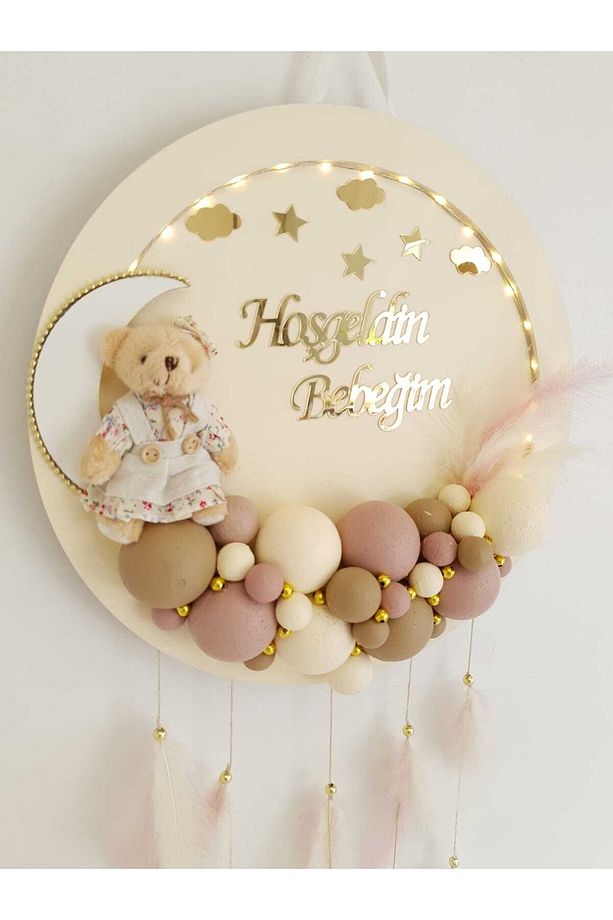 Kapı Süsü Ledli Bubble Ayıcıklı Ahşap Yuvarlak Pano - 4