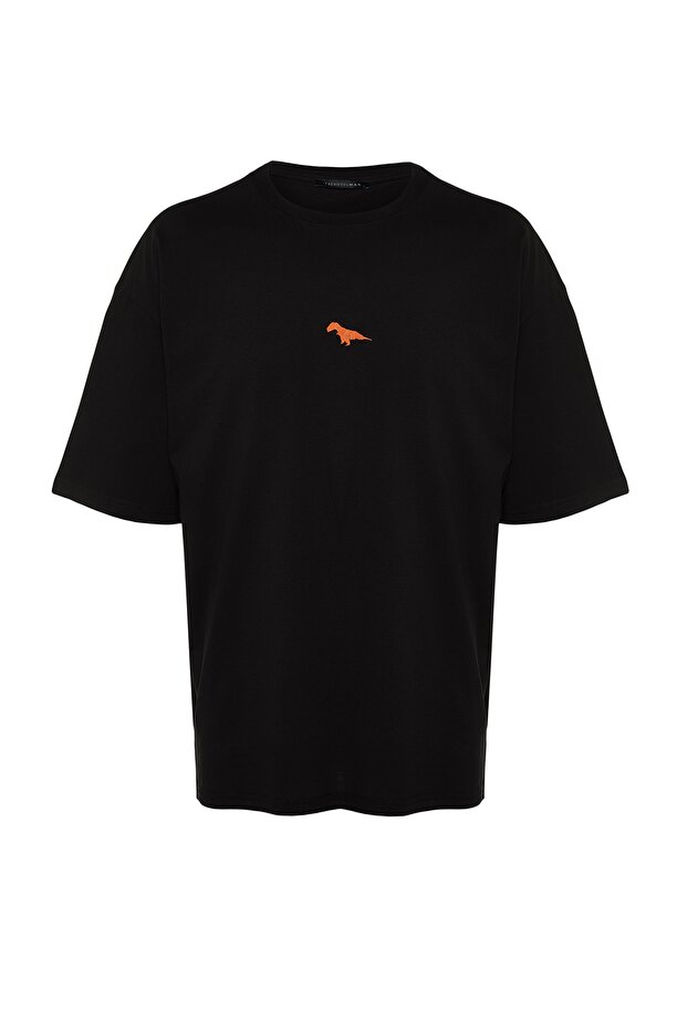 Siyah Oversize/Geniş Kesim Bisiklet Yaka Kısa Kol Dinozor İşlemeli T-Shirt TMNSS23TS00243 - 8