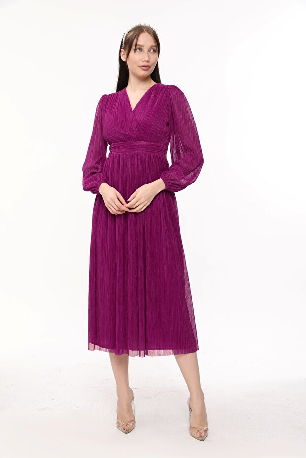 Rochie lungă plisată cu guler dublu - 1