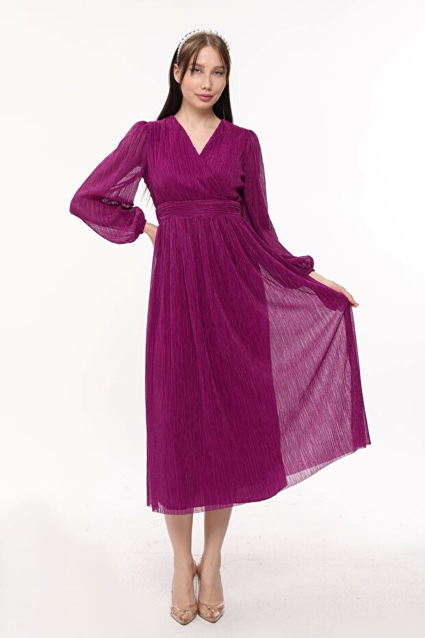 Rochie lungă plisată cu guler dublu - 2