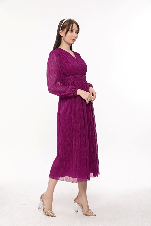 Rochie lungă plisată cu guler dublu - 3