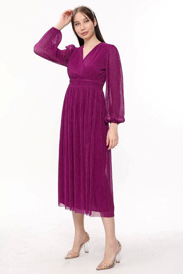 Rochie lungă plisată cu guler dublu - 4