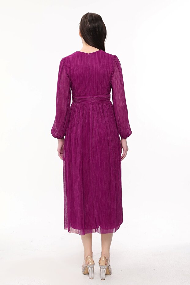 Rochie lungă plisată cu guler dublu - 7