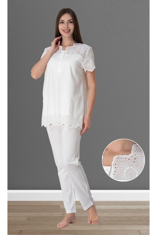 Effortt Ecru Women's Pregnant Postpartum Scalloped Pajama Set 9022