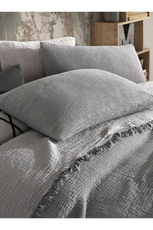 Antrasit 4 Katlı Multi Muslin %100 Pamuk Çift Kişillik Yatak Örtüsü 200x240cm - 3
