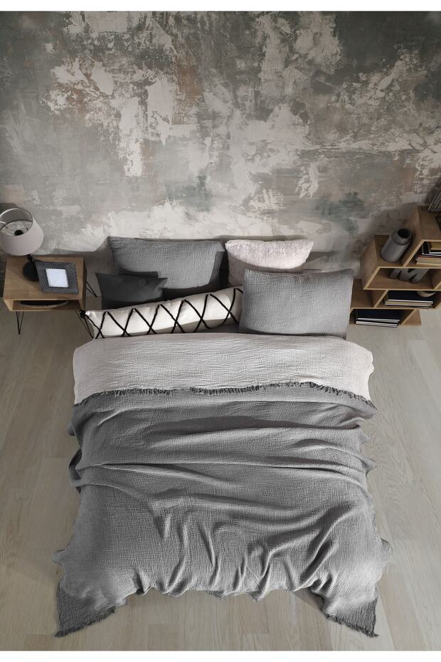 Antrasit 4 Katlı Multi Muslin %100 Pamuk Çift Kişillik Yatak Örtüsü 200x240cm - 5
