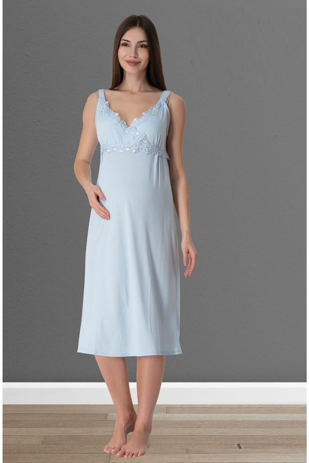 Effortt Blue Maternity, Postpartum Breastfeeding Featured Strapped Nightgown 9033