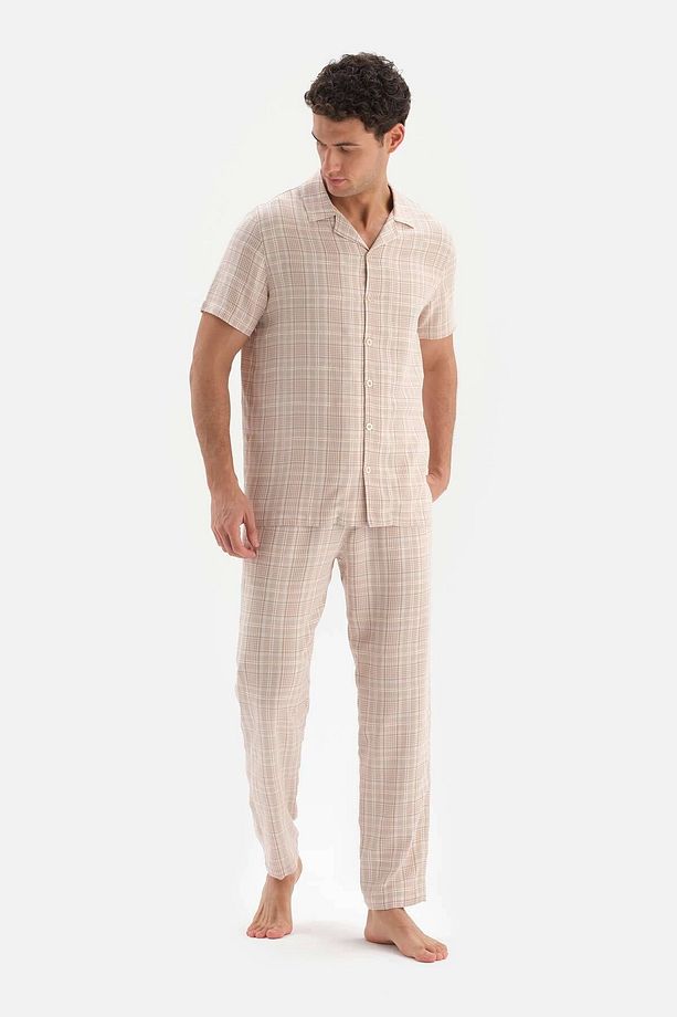 Bej Gömlek Yaka Ekoseli Dokuma Pijama Takımı - 3