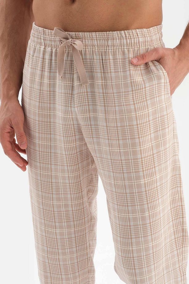 Bej Gömlek Yaka Ekoseli Dokuma Pijama Takımı - 5