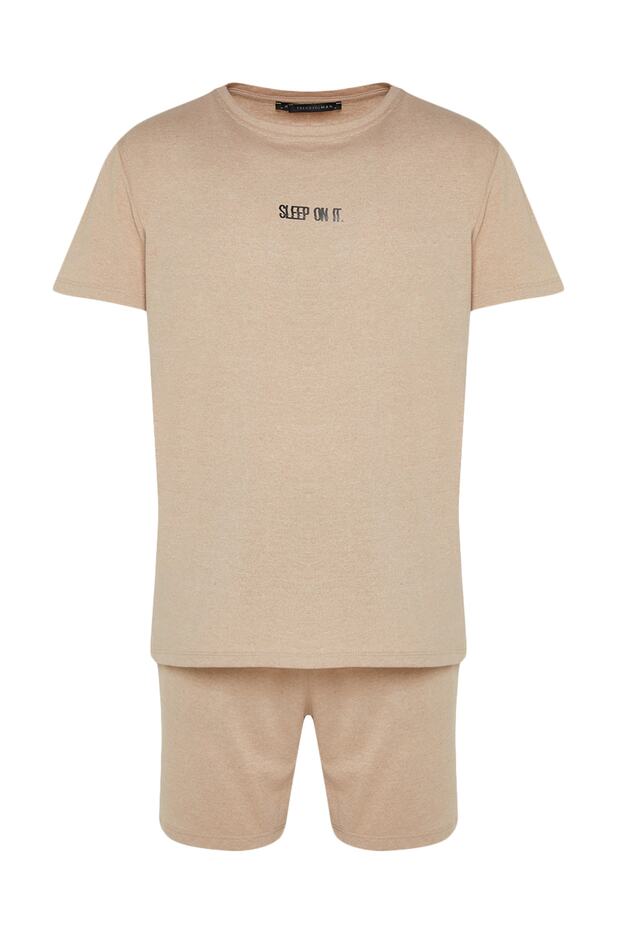 Bej Regular Fit Yazlık Şortlu Pijama Takımı TMNSS23PT00038 - 10