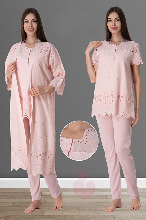 Effortt 9024 Powder Scallop Maternity Pajamas Set with Dressing Gown
