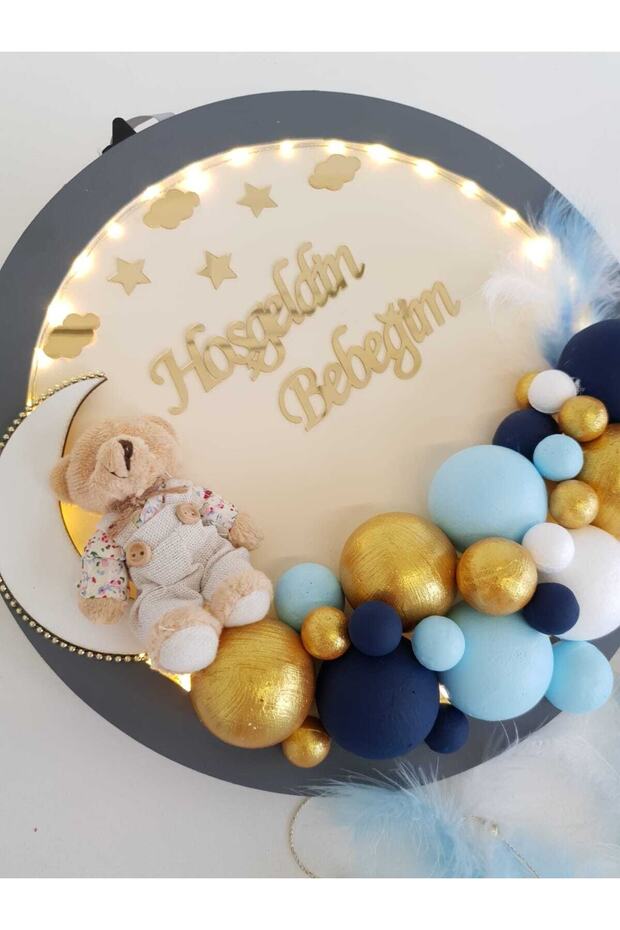 Kapı Süsü Ledli Bubble Ayıcıklı Ahşap Yuvarlak Pano - 4