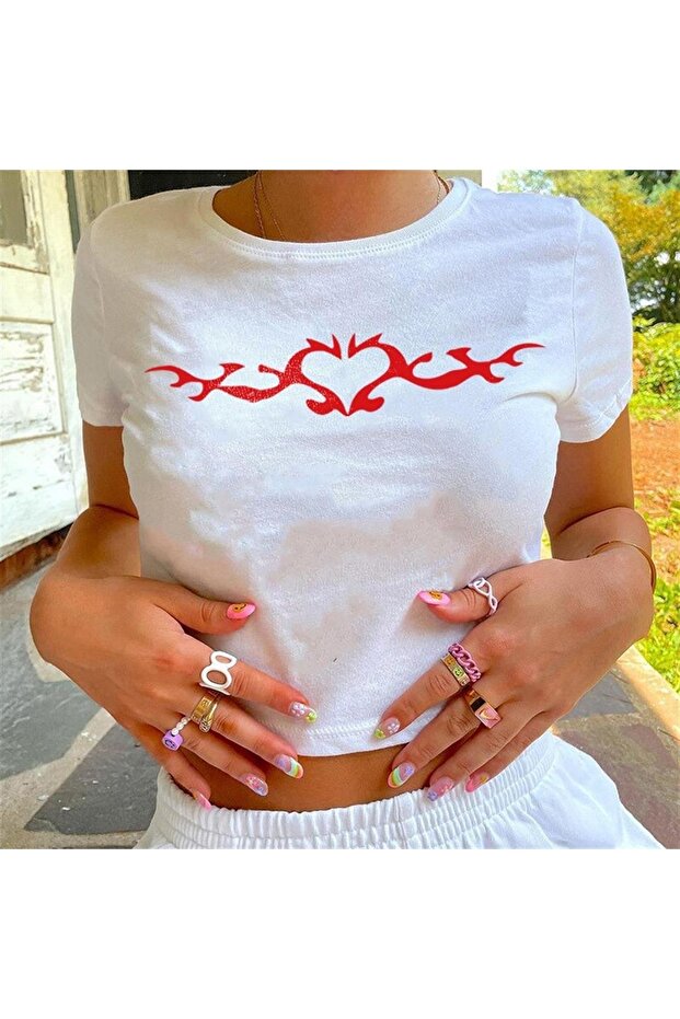 Clawed Heart Patterned White Color Printed Crop Blouse Harajuku Women's T-Shirt