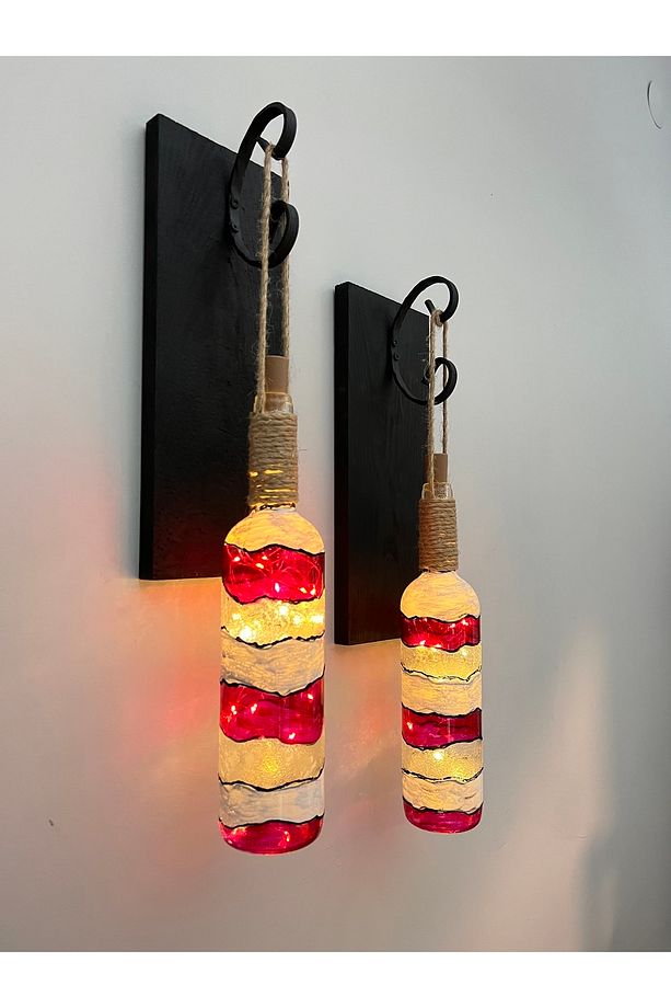 Led Işıklı Ahşap Kırmızı Renkli Vitray Cam Salon Bar Bahçe Dekoru Şarap Şişesi Duvar Aplik 2'li Set - 1