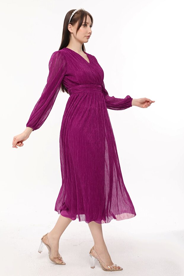 Rochie lungă plisată cu guler dublu - 5