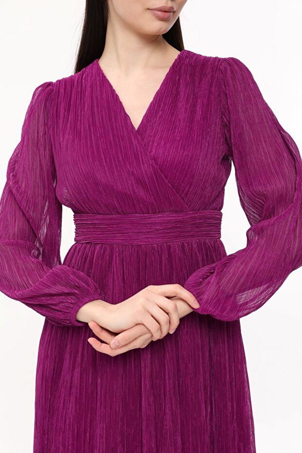 Rochie lungă plisată cu guler dublu - 6