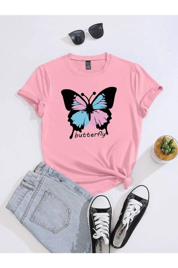 Crew Neck New Butterfly Printed Girl's T-Shirt