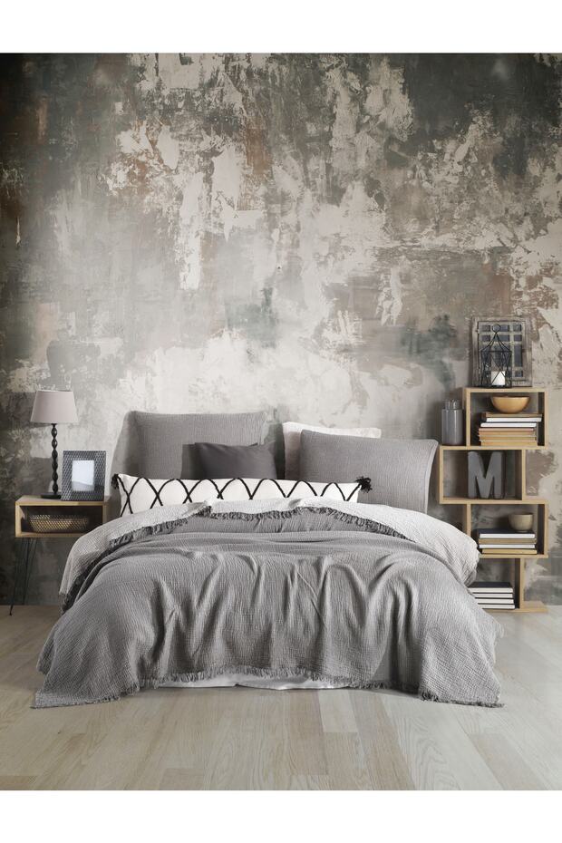 Antrasit 4 Katlı Multi Muslin %100 Pamuk Çift Kişillik Yatak Örtüsü 200x240cm - 6