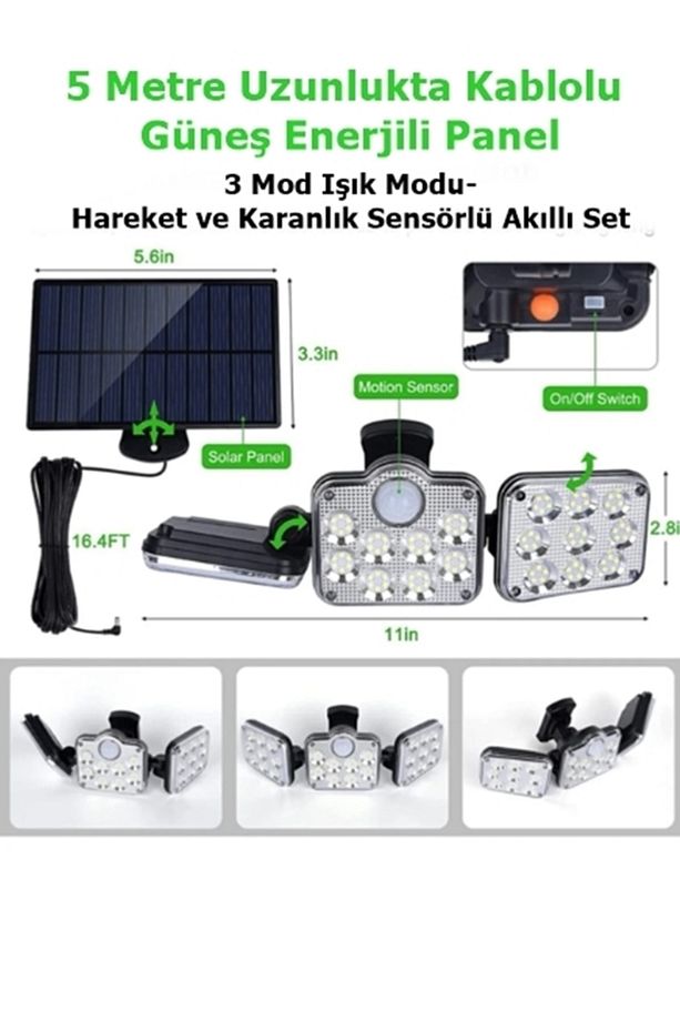 138 Led Güneş Enerjili 3 Mod Kumandalı 5 Metre Kablolu Kaliteli Sensörlü Solar Sokak Lambası - 2
