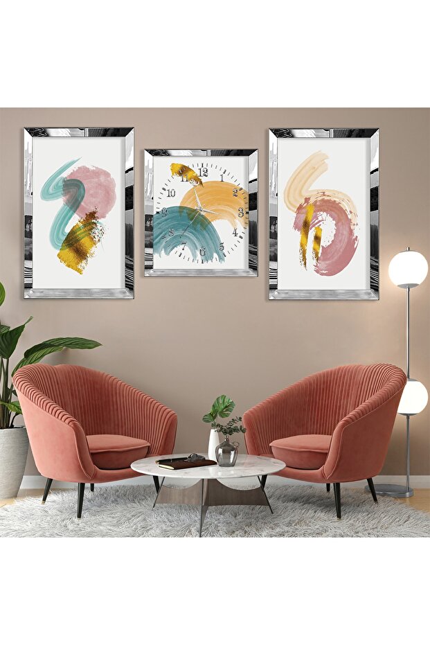 Abstract Pattern Silver Plexi Edge Triple Mdf Table Set and Clock Set