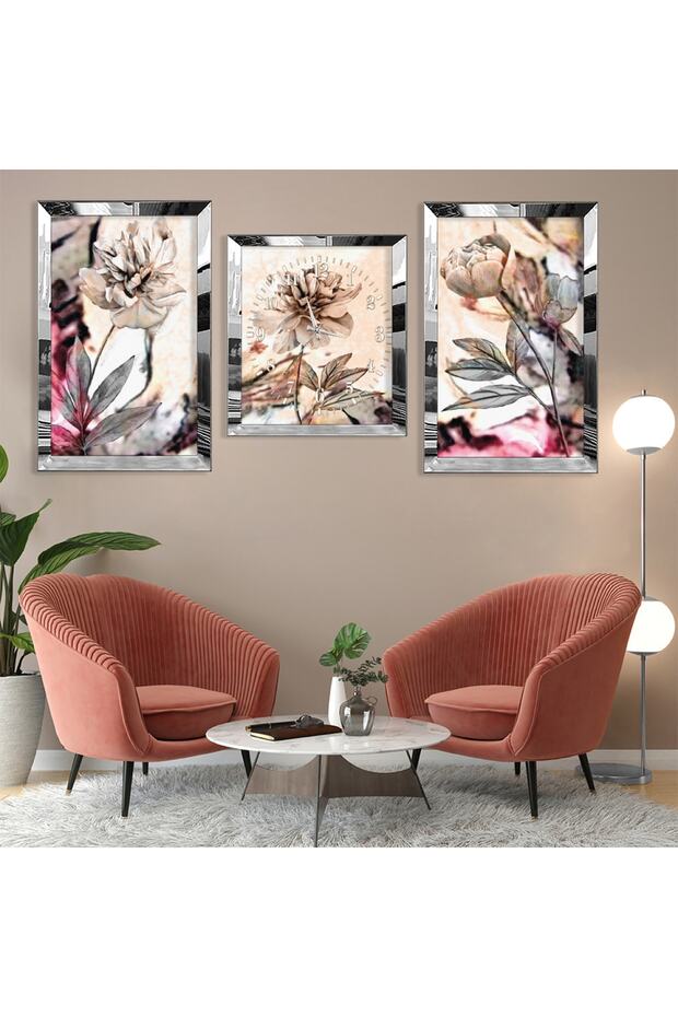 Abstract Pattern Flower Silver Plexi Edge Triple Mdf Table Set and Clock Set
