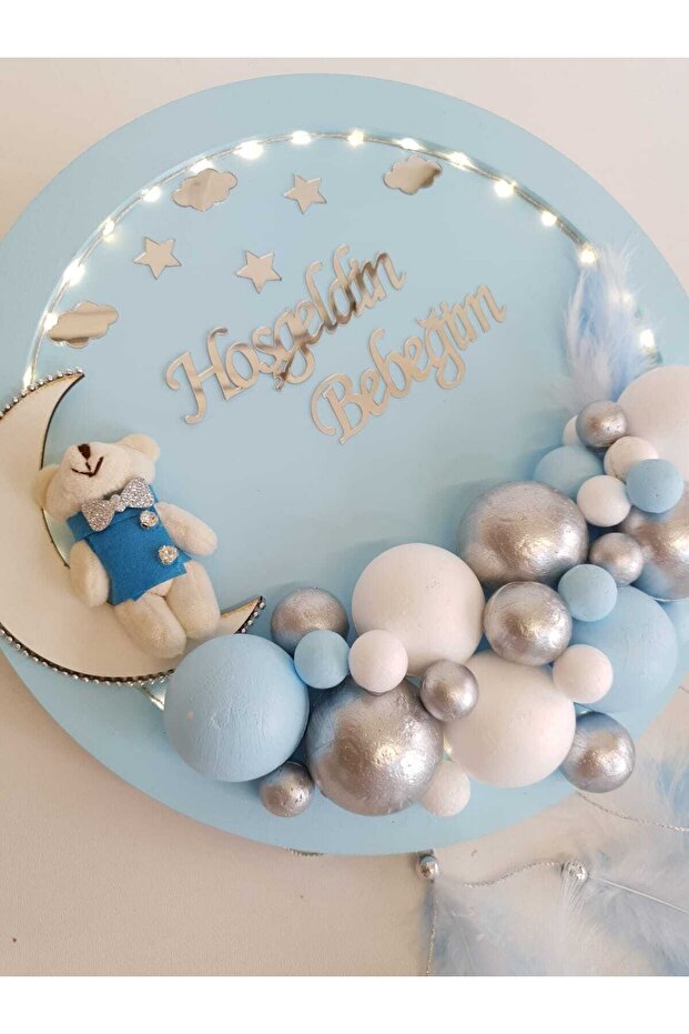 Kapı Süsü Ledli Bubble Ayıcıklı Ahşap Yuvarlak Pano - 3