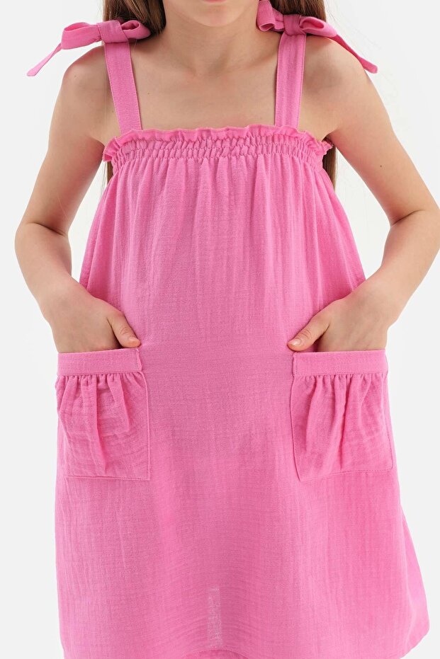 Fuşya Müslin Askılı Elbise - 3