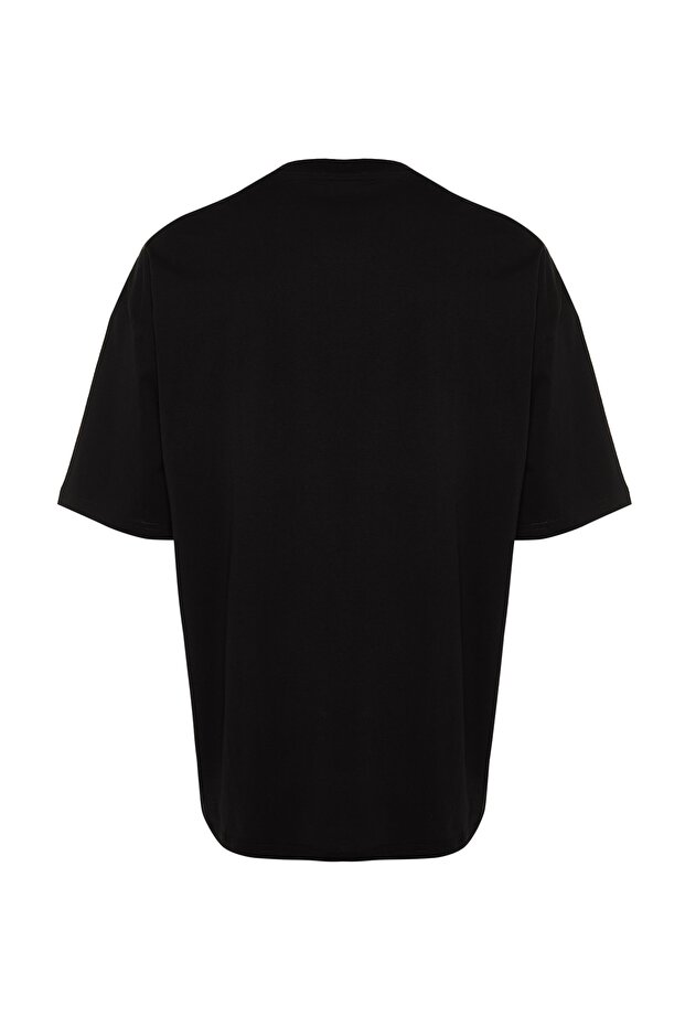 Siyah Oversize/Geniş Kesim Bisiklet Yaka Kısa Kol Dinozor İşlemeli T-Shirt TMNSS23TS00243 - 7