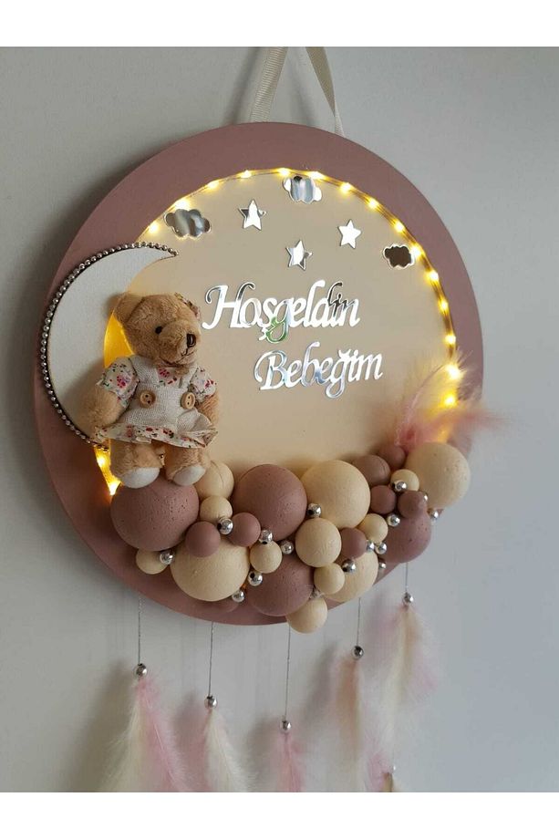 Kapı Süsü Ledli Bubble Ayıcıklı Ahşap Yuvarlak Pano - 3