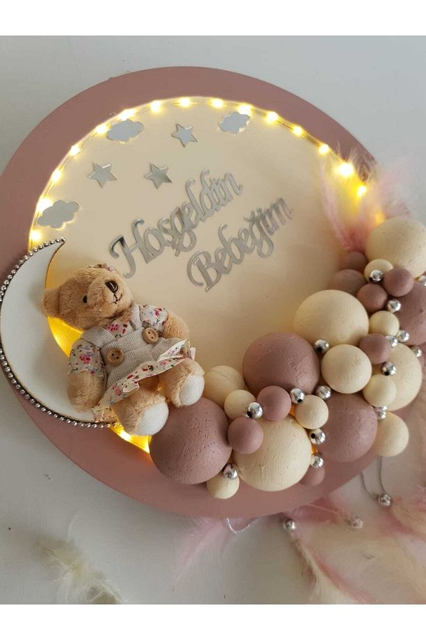 Kapı Süsü Ledli Bubble Ayıcıklı Ahşap Yuvarlak Pano - 4