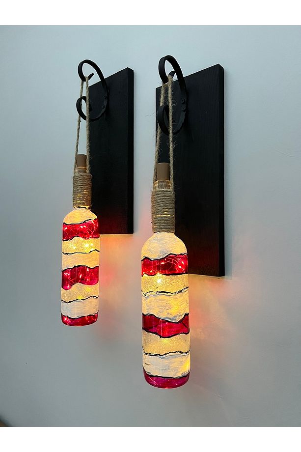 Led Işıklı Ahşap Kırmızı Renkli Vitray Cam Salon Bar Bahçe Dekoru Şarap Şişesi Duvar Aplik 2'li Set - 3
