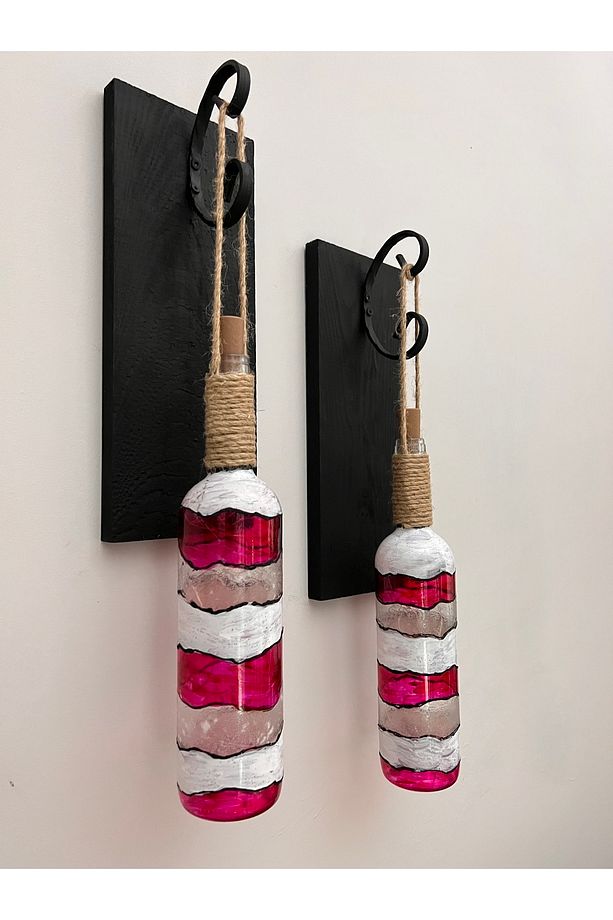 Led Işıklı Ahşap Kırmızı Renkli Vitray Cam Salon Bar Bahçe Dekoru Şarap Şişesi Duvar Aplik 2'li Set - 4