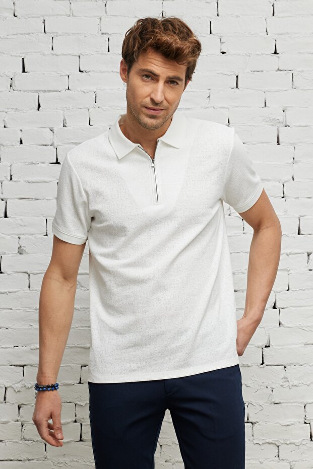 Men's Ecru Slim Fit Narrow Cut Zippered Polo Neck Textured Fabric Short Sleeve T-Shirt