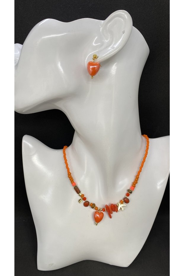 Handmade Ethnic Ceramic Heart Coral Stone Women's Necklace Earring Set