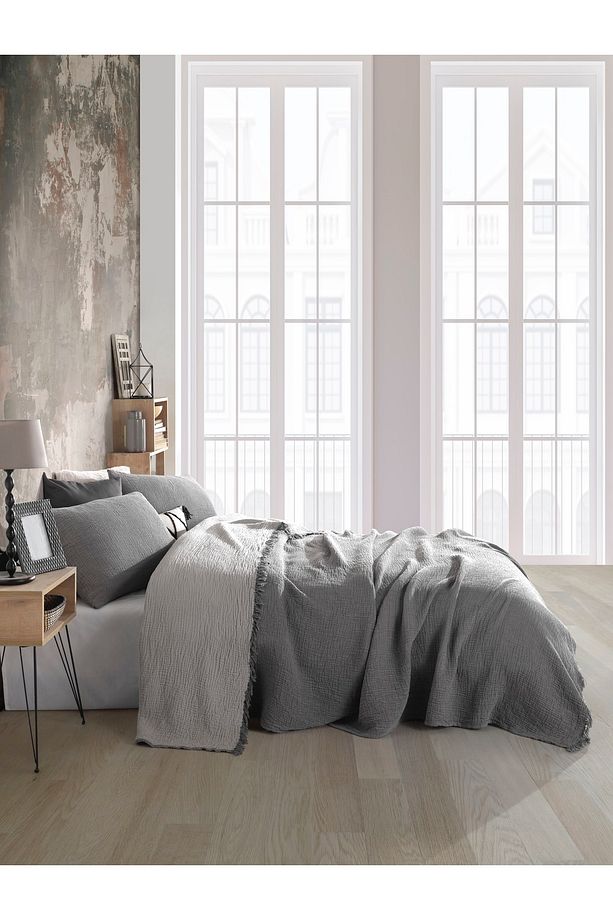 Antrasit 4 Katlı Multi Muslin %100 Pamuk Çift Kişillik Yatak Örtüsü 200x240cm - 4