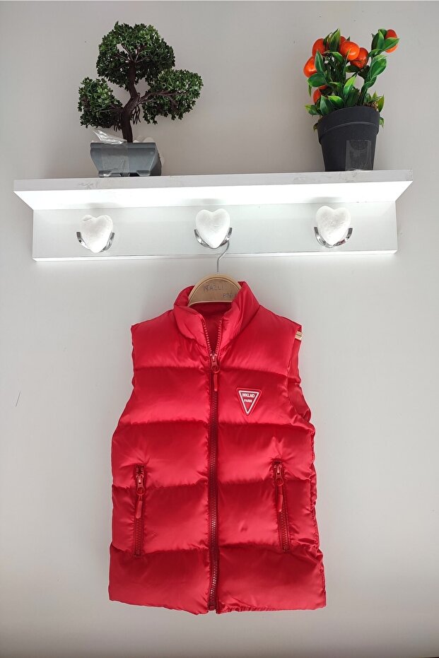 Wikiland Red Color Pocketed Zippered Children's Puffer Vest