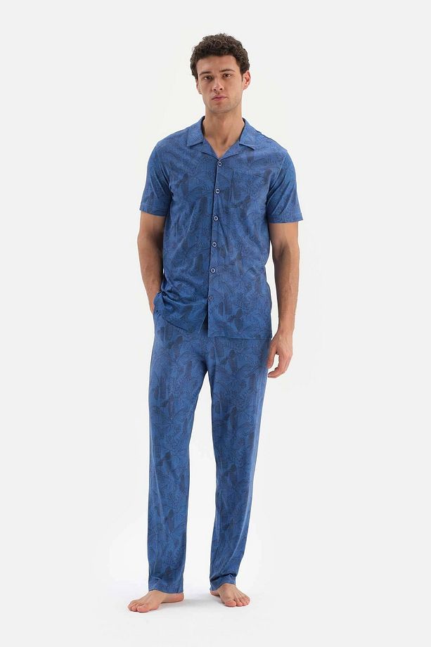Mavi Gömlek Yaka Metraj Baskılı Pamuk Modal Pijama Takımı - 1
