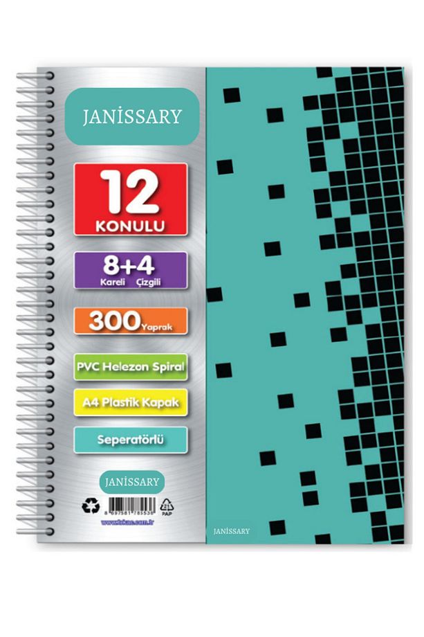8 4 Bölümlü 300 Yaprak A4 Sipralli Ayraçlı Defter 8 Kareli 4 Çizgili Çoklu Defter - 1