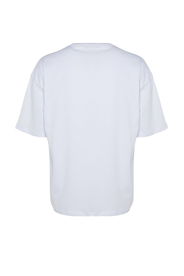 Beyaz Oversize/Geniş Kesim Kısa Kol Dinozor Nakışlı %100 Pamuklu T-Shirt TMNSS23TS00243 - 7