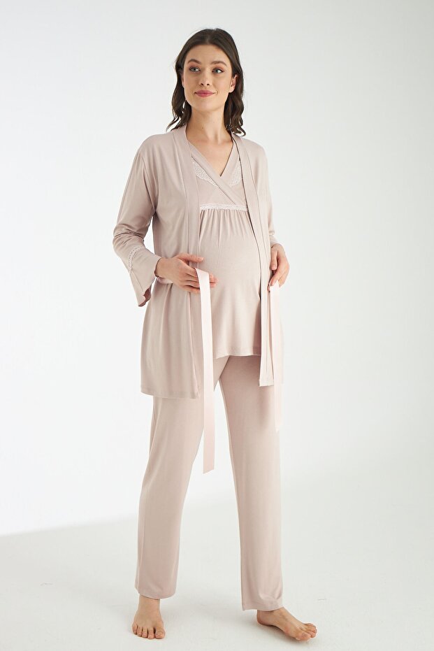 Milk Coffee Lace Detailed 3-Piece Maternity and Maternity Pajama Set with Breakfast