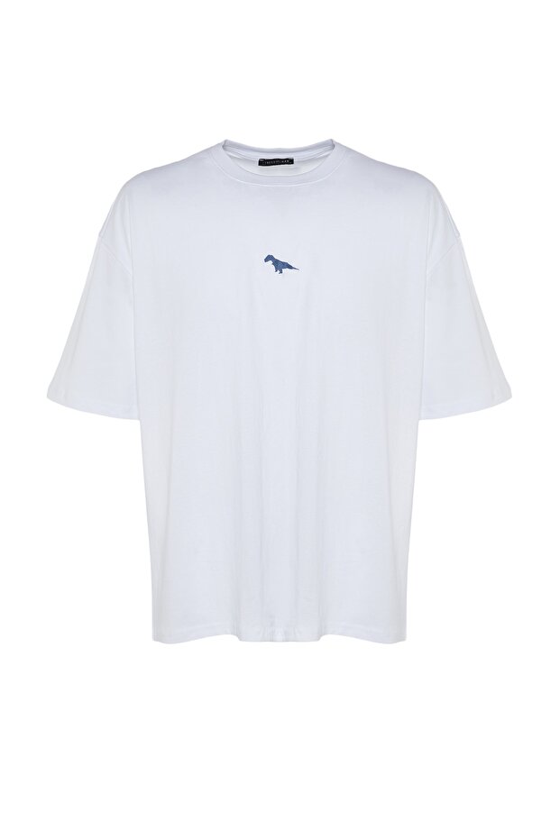 Beyaz Oversize/Geniş Kesim Kısa Kol Dinozor Nakışlı %100 Pamuklu T-Shirt TMNSS23TS00243 - 8