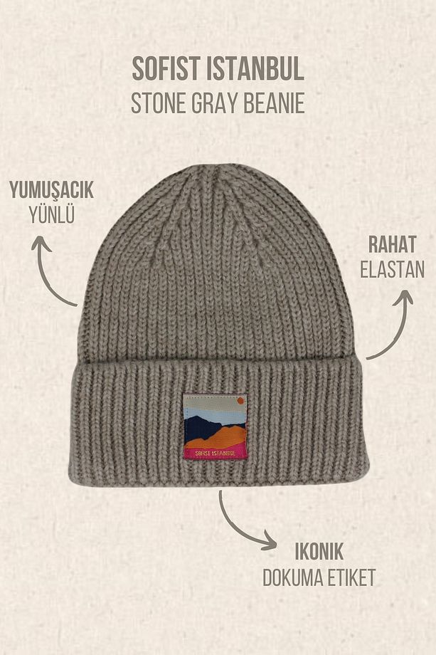 Stone Gray Unisex Beanie Taş Gri Dokuma Etiketli Soft Yıkama Yünlü Ve Katlamalı Örgü Bere - 4