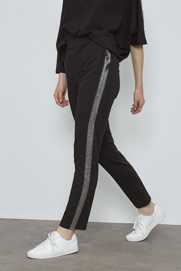 Női fekete ezüst csíkos részletes nadrág - 3