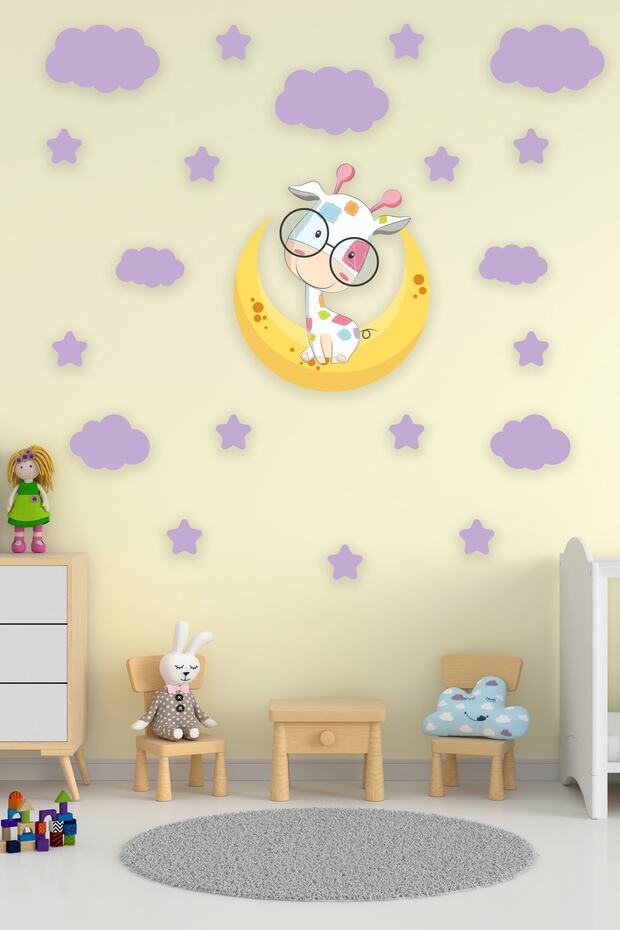 Cute Giraffe on the Moon Purple Clouds and Purple Stars