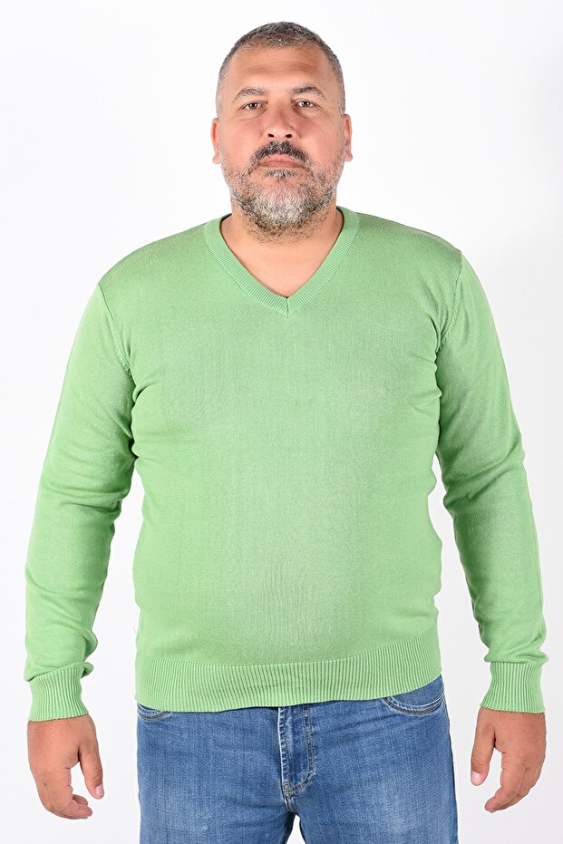 Men's Pistachio Green Large Size V-Neck 100% Cotton Sweater Trist-2102