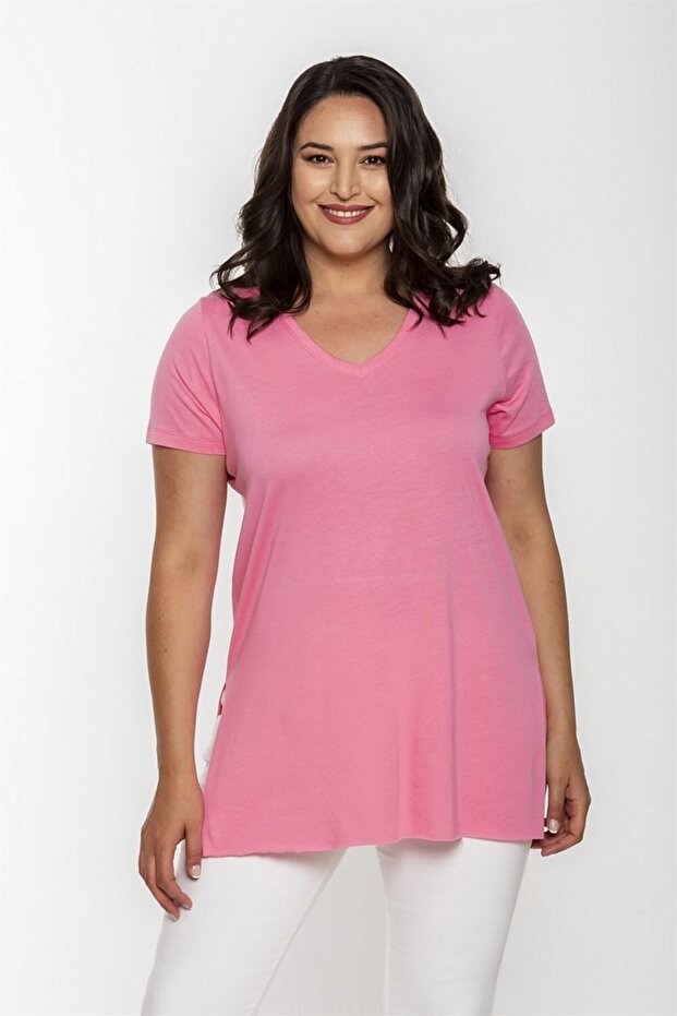 V Yaka Yırtmaçlı Basic Tshirt-pembe - 3