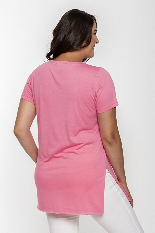 V Yaka Yırtmaçlı Basic Tshirt-pembe - 4