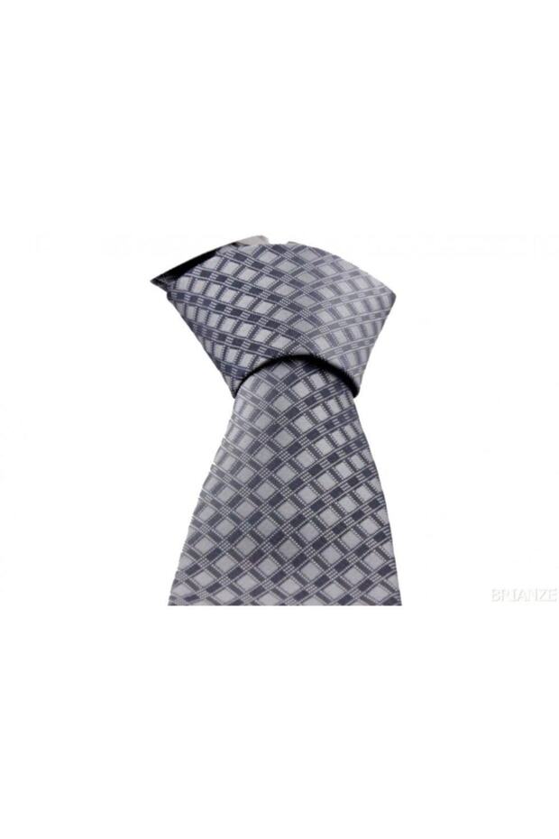 Gri Kareli Mendilli Kravat - 1