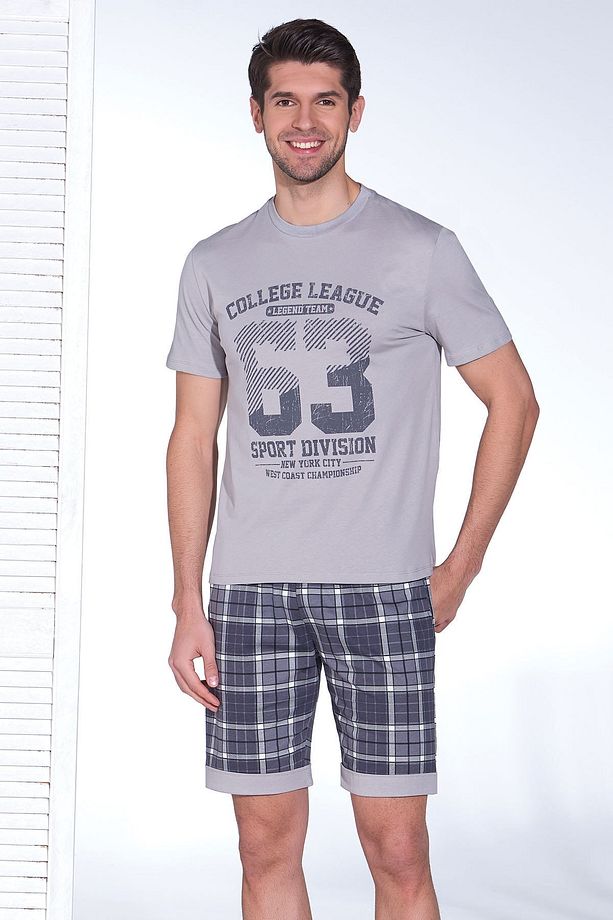 Erkek Gri Baskılı Şort Pijama Takımı - 1