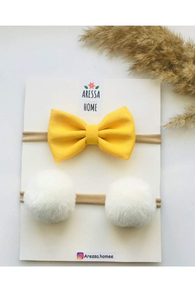Baby Girl Child Cotton Yellow Bow Pompom Bandana Hair Band Set